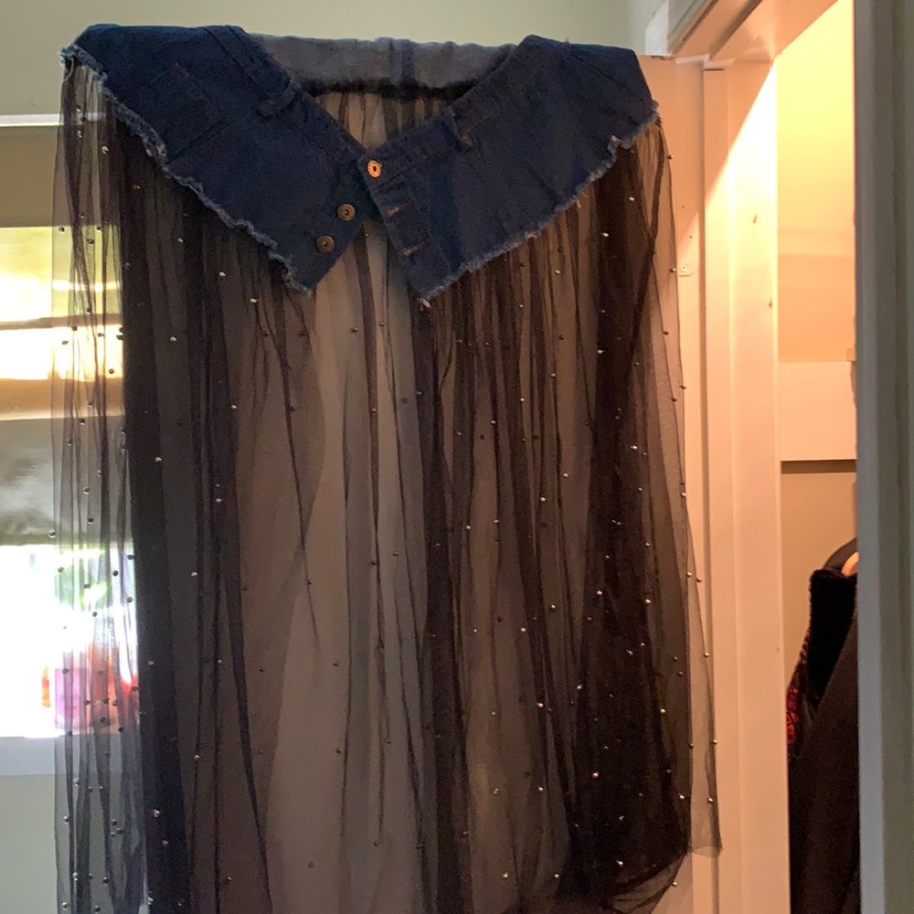 A fun black and denim long see through skirt